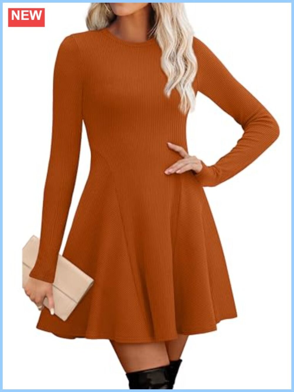 Long Sleeve Ribbed Knit Sweater Dress Crew Neck Fit and Flare A-Line